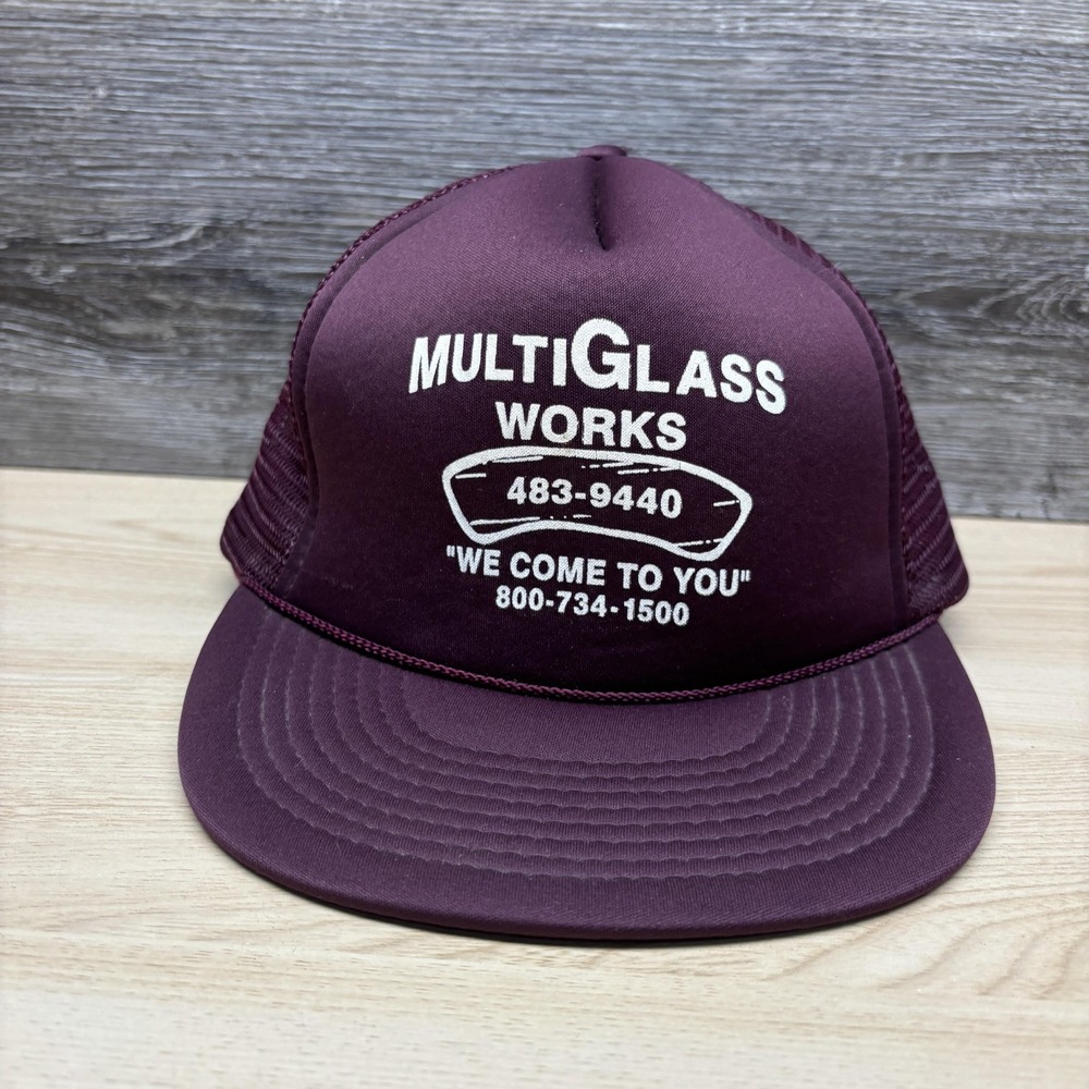 Vintage Multiglass Works Hat Cap Snap Back Mens Maroon Mesh Trucker 80s